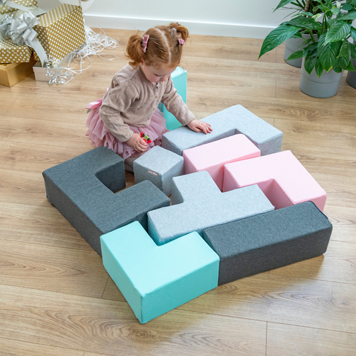 KiddyMoon blocs mous pour bébé cubes de construction en mousse, mix: gris clair/girs foncé/rose/menthe, 9 Pieces