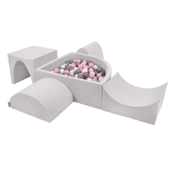 KiddyMoon Aire De Jeux en Mousse avec Quart Angulaire Piscine À Balles pour Bébé, gris clair: blanc/gris/rose poudré, Piscine (200 Balles) + Version 1