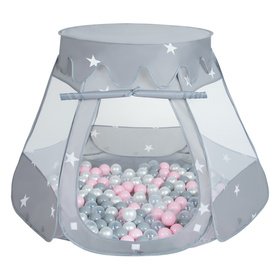 Tente Château Pour Enfants Tente de Jeu Avec Balles Colorées Jouet Cabane Pop-up Château Facile À Monter Maison de Jeu Pour Intérieur et Extérieur, gris: perle-gris-transparent-rose poudré, 105x90cm/100 balles