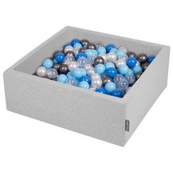 KiddyMoon Piscine à Balles ∅ 7Cm pour Bébé Carré Fabriqué En UE, gris clair: perle/bleu-babyblue/transparent/argent, 90x30cm/200 balles