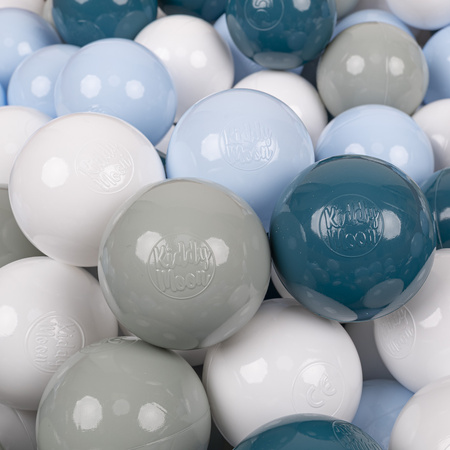 KiddyMoon Balles Colorées Plastique ∅7cm pour Piscine Enfant Bébé Fabriqué en EU, turquoise foncé/vert de gris/bleu pastel/blanc, 100 Balles/7cm