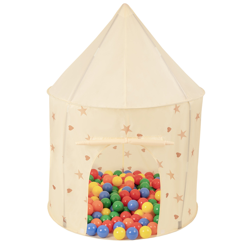 Tente de Jeu Pour Enfants Château Maison de Jeu En Forme De Pavillon De Jeu Avec Balles Pliable Tente Pop-Up Enfant Motifs D'Étoiles Et De Cœurs, beige clair: jaune/bleu/rouge/orange, 400 balles