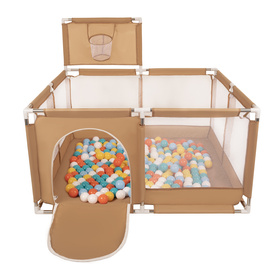 parc bébé avec balles plastiques aire de jeu pliable basket, beige : blanc/jaune/orange/babyblue/turquoise, 400 balles