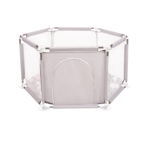 parc bébé hexagonal pliable avec balles plastiques, Gris:blanc/gris/rose poudré, 100 balles